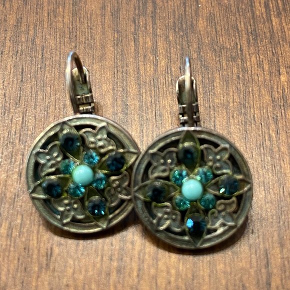 Mariana Earrings, Lever Back Turquoise Center flanked by blue gems - Picture 2 of 3